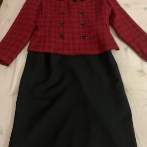 Le Suit Red and Black Plaid Blazer skirt set